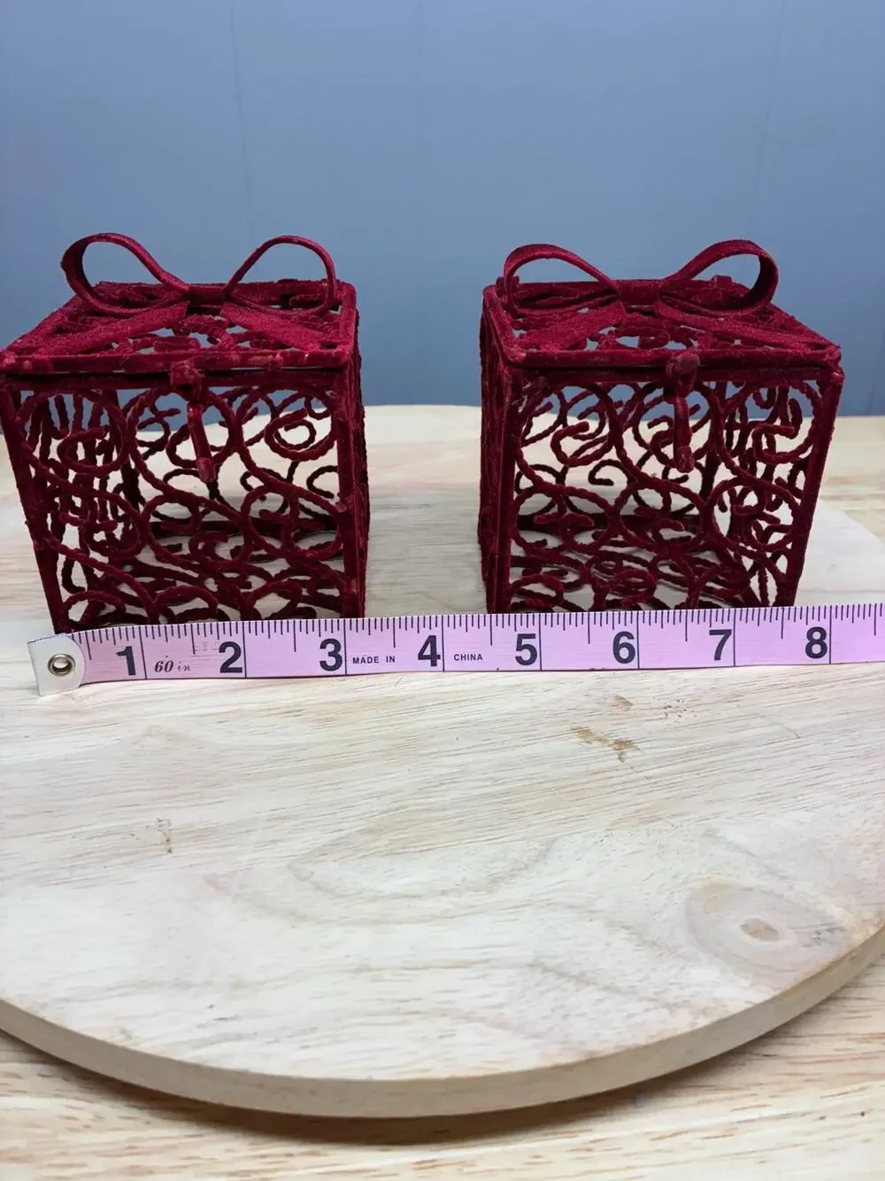 Pair of Red Velvet Gift Box Ornaments | Flocked Metal Filigree Boxes with Bows
